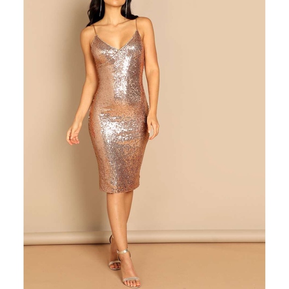 MBM Unlimited Dresses & Skirts - Rose Gold Cami Sequin Bodycon Midi Cocktail Dress